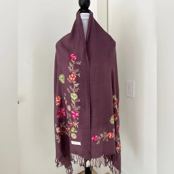 PASHMINA Floral Embroidery Oversize Pashmina Silk Blend Travel Luxury Cozy Chic - Picture 10 of 13